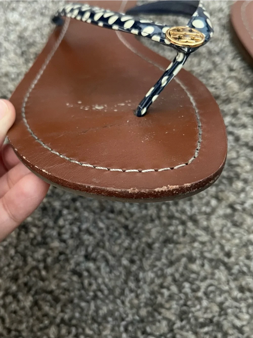 Women’s Tory Burch Terra Nautical Polka Dot Thong Sandals Flip Flops Navy Sz 10